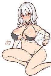 Rule 34 | 1girl, absurdres, azur lane, bare shoulders, bikini, black bikini, blush, bracelet, breasts, cleavage, collarbone, commentary request, covered erect nipples, hair between eyes, highres, jewelry, large breasts, lomocya, looking at viewer, navel, o-ring, o-ring top, open mouth, red eyes, short hair, silver hair, sirius (azur lane), sirius (scorching-hot seirios) (azur lane), solo, swimsuit, thighs