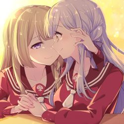 Rule 34 | arm around neck, assault lily, blonde hair, blunt bangs, braid, breasts, brown sailor collar, closed mouth, collarbone, commentary request, evening, eye contact, face-to-face, grey hair, hair behind ear, hair ribbon, half-closed eyes, hand on another&#039;s ear, hand up, highres, holding hands, indoors, interlocked fingers, kanba girls high school uniform, kon kanaho, lens flare, light blush, light particles, long hair, long sleeves, looking at another, medium breasts, miyagawa takane, morugen, necktie, profile, purple eyes, purple ribbon, red shirt, ribbon, sailor collar, school uniform, serafuku, shade, shirt, short necktie, side-by-side, side braid, sidelocks, single braid, sitting, smile, sunlight, table, upper body, white necktie, window, yellow eyes, yuri