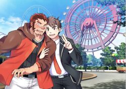 Rule 34 | akashi (live a hero), amusement park, bara, blush, bulge, dating, facial hair, ferris wheel, goatee, grabbing another&#039;s arm, live a hero, long sideburns, male focus, male protagonist (live a hero), nama mototo, pants, red eyes, red hair, roller coaster, scar, scar on face, scar on nose, short hair, shy, sideburns, smile, taking picture, thick eyebrows, v