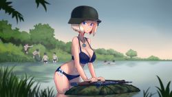 Rule 34 | 1girl, 6+boys, absurdres, bikini, blonde hair, blue bikini, blue eyes, blue sky, bolt action, breasts, cleavage, erica (naze1940), mauser 98, grass, gun, helmet, highres, jewelry, looking at viewer, combat helmet, multiple boys, navel, necklace, original, outdoors, parted lips, rifle, short hair, sky, stahlhelm, swimsuit, topless, tree, wading, weapon