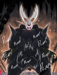 Rule 34 | 1boy, 1girl, absurdres, aomokoka, black skin, blush, cape, colored skin, grabbing, grabbing from behind, highres, hollow knight, hornet (hollow knight), huge penis, huge testicles, legs up, muscular, muscular male, penis, pussy, red cape, sex, sex from behind, size difference, stomach, stomach bulge, sweat, testicles, vaginal