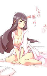 Rule 34 | 1girl, anger vein, bad id, bad pixiv id, bare legs, between legs, black eyes, black hair, blanket, blush, breasts, cleavage, collarbone, hand between legs, highres, houraisan kaguya, long hair, medium breasts, nightgown, non (z-art), open mouth, simple background, sitting, solo, straight hair, sweatdrop, touhou, translated, wariza, white background