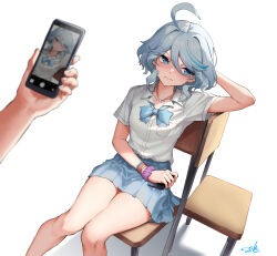 Rule 34 | 1girl, absurdres, backlighting, blush, bracelet, cellphone, enferverge, furina (genshin impact), genshin impact, hand on own head, highres, jewelry, looking to the side, necktie, phone, pleated skirt, school uniform, scrunchie, sitting, skirt, smartphone, taking picture, thighs, wrist scrunchie