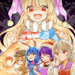 Rule 34 | 5girls, :d, american flag dress, animal ears, bad id, bad twitter id, blonde hair, blue hair, book, bow, bowtie, breasts, cleavage, clownpiece, collar, dango, doremy sweet, drooling, fairy, fairy wings, finger to face, floppy ears, food, frilled collar, frilled shirt collar, frills, hat, jester cap, kine, kishin sagume, long hair, mallet, misha (hoongju), moon, multiple girls, neck ruff, open mouth, polka dot, puffy short sleeves, puffy sleeves, rabbit ears, red bow, red eyes, ringo (touhou), saliva, seiran (touhou), short hair, short sleeves, silver hair, single wing, sleeping, sleeveless, smile, sweatdrop, touhou, very long hair, wagashi, wings