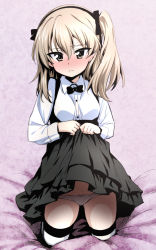 Rule 34 | 1girl, blush, breasts, brown eyes, clothes lift, commentary request, dress, dress lift, full-face blush, girls und panzer, hair ribbon, hairband, highres, kneeling, lifting own clothes, light brown hair, long hair, long sleeves, looking at viewer, lowleg, lowleg panties, nakahira guy, one side up, panties, ribbon, shimada arisu, small breasts, solo, striped clothes, striped thighhighs, sweatdrop, thighhighs, underbust, underwear, white panties