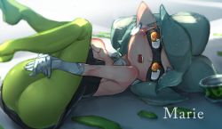 Rule 34 | + +, 1girl, ass, bare shoulders, black dress, blush, breasts, character name, detached collar, domino mask, dress, earrings, english text, female focus, full body, gloves, green pantyhose, grey background, grey hair, highres, inkling, jewelry, kashu (hizake), legs up, lying, marie (splatoon), mask, medium breasts, mole, mole under eye, nintendo, on back, open mouth, orange eyes, own hands together, pantyhose, pointy ears, short hair, solo, splatoon (series), splatoon 1, strapless, strapless dress, teeth, tentacle hair, tentacles, white gloves