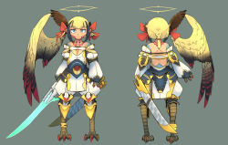 Rule 34 | 1girl, amputee, blonde hair, character sheet, claws, dark skin, from behind, frown, full body, gold trim, grey background, head wings, kamukamu6392, monster girl, multiple views, original, pointy ears, scabbard, sheath, simple background, sword, weapon, wings
