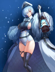 Rule 34 | 1girl, azur lane, bandage over one eye, black footwear, blue background, blue hair, boots, breasts, closed mouth, coat, collared leotard, cropped legs, elbow gloves, framed breasts, fur-trimmed coat, fur trim, gloves, hair between eyes, hair over one eye, hat, highres, holding, holding lantern, kuybyshev (azur lane), lantern, large breasts, leotard, lom (lom lom 8), long sleeves, peaked cap, red eyes, short hair, sideboob, sidelocks, smile, solo, standing, thigh boots, white coat, white gloves, white leotard