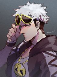 Rule 34 | 1boy, asymmetrical eyewear, black hair, black hoodie, closed mouth, creatures (company), fingernails, game freak, gold necklace, grey eyes, guzma (pokemon), hand up, hanenbo, highres, hood, hoodie, jewelry, looking at viewer, looking to the side, male focus, multicolored hair, necklace, nintendo, pokemon, pokemon sm, short sleeves, signature, solo, sunglasses, two-tone hair, upper body, white hair, wristband, yellow-framed eyewear
