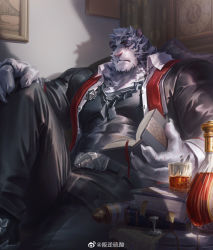 Rule 34 | 1boy, 6suan, animal ears, arknights, bara, belt, black belt, black jacket, black pants, black tank top, book, bottle, bulge, chain necklace, covered abs, cup, dog tags, drinking glass, feet out of frame, furry, furry male, highres, holding, holding book, jacket, large pectorals, looking at viewer, male focus, mountain (arknights), muscular, muscular male, necklace, official alternate costume, open clothes, open shirt, pants, pectorals, scar, scar across eye, scar on face, shadow, short hair, solo, tail, tank top, thighs, tiger boy, tiger ears, tiger tail, white fur, white hair, wine bottle