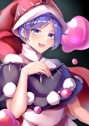 Rule 34 | 1girl, absurdres, black background, black capelet, blob, blue eyes, blue hair, capelet, doremy sweet, dress, hand on own chest, hat, highres, koizumo, multicolored clothes, multicolored dress, nightcap, pom pom (clothes), red hat, short hair, solo, touhou, upper body