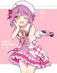 Rule 34 | 1girl, bad id, bad twitter id, bow, commentary, dated, dress, hand on own face, happy birthday, hat, heart, idol, idolmaster, idolmaster cinderella girls, koshimizu sachiko, legs together, looking at viewer, microphone, one eye closed, pink background, pink theme, purple hair, short hair, sleeveless, solo, standing, uso (ameuzaki), yellow eyes