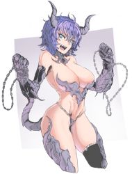 Rule 34 | 1girl, :d, blue eyes, blue hair, breasts, chain, cleavage, demon girl, female focus, gauntlets, horns, large breasts, looking at viewer, mason 69, matching hair/eyes, navel, open mouth, original, scales, short hair, smile, solo, tail, teeth, tongue
