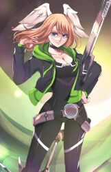 Rule 34 | 1girl, arm up, belt, black bodysuit, black choker, black jacket, blue eyes, bodysuit, breast tattoo, breasts, brown hair, choker, cleavage, closed mouth, collarbone, commentary, cropped jacket, eunie (xenoblade), eyelashes, green background, green trim, head wings, highres, jacket, large breasts, light smile, long hair, open clothes, open jacket, sean sorey, solo, standing, tattoo, wings, xenoblade chronicles (series), xenoblade chronicles 3