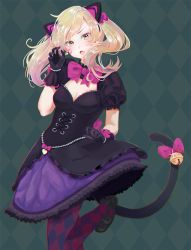 Rule 34 | 1girl, :o, animal ears, argyle, argyle clothes, argyle legwear, artist name, beads, bell, black cat d.va, black dress, black gloves, blonde hair, blush, bow, breasts, cat ears, checkered background, cleavage, corset, d.va (overwatch), dress, fang, full body, gloves, green background, hand up, heart, high heels, jewelry, jingle bell, konoumin, leg up, lolita fashion, looking at viewer, official alternate costume, open mouth, overwatch, overwatch 1, pantyhose, pink bow, puffy short sleeves, puffy sleeves, purple skirt, short sleeves, skirt, solo, standing, tail, tail bell, tail ornament, twintails, yellow eyes