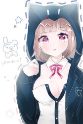 Rule 34 | 1girl, :o, bad id, bad pixiv id, black jacket, blunt bangs, blush, breasts, character print, commentary request, danganronpa (series), danganronpa 2: goodbye despair, detached collar, highres, hood, hood up, hooded jacket, jacket, large breasts, leotard, light brown hair, long sleeves, looking at viewer, mole, mole on breast, monomi (danganronpa), nanami chiaki, official alternate costume, open clothes, open jacket, pink eyes, pink neckwear, pink ribbon, ribbon, shirt, simple background, solo, upper body, white background, white leotard, white shirt, yuno nakita