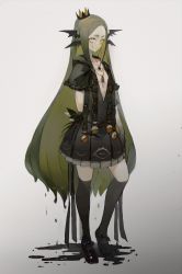 Rule 34 | 1girl, absurdres, crown, dress, dripping, forehead, green hair, highres, hxxg, jewelry, loafers, long hair, looking at viewer, pale skin, pendant, pleated skirt, shoes, simple background, skirt, solo, thick eyebrows, thighhighs, yellow eyes, zettai ryouiki