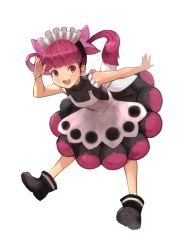 Rule 34 | 1girl, :d, bent over, black footwear, blackball, blunt bangs, blush, bonnet, boots, dress, kemurikusa, looking at viewer, open mouth, outstretched arm, pink eyes, pink hair, rina (kemurikusa), salute, simple background, sleeveless, sleeveless dress, smile, solo, twintails, white background