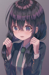 Rule 34 | 1girl, black jacket, blazer, blush, breasts, bunching hair, collared shirt, commentary request, green necktie, grey background, hair between eyes, hands up, holding, holding own hair, jacket, long hair, long sleeves, looking at viewer, low twintails, mimikaki (men bow), necktie, open clothes, open jacket, open mouth, original, purple eyes, school uniform, shirt, simple background, small breasts, solo, twintails, upper body, white shirt