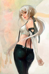 Rule 34 | 1girl, ass, bad id, bad pixiv id, bare shoulders, detached sleeves, female focus, gradient background, green eyes, lips, long hair, long sleeves, looking at viewer, original, pants, parted lips, phonic, pink lips, ponytail, solo, suspenders, white hair
