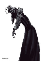 Rule 34 | 1boy, amputee, android, artbook, bent over, black coat, blame!, coat, concept art, damaged, from side, highres, joints, mechanical arms, nihei tsutomu, pale skin, robot joints, silicon creature (blame!), single mechanical arm, solo, standing, tall
