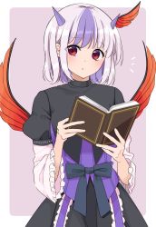 Rule 34 | 1girl, :o, black dress, blush, book, commentary request, cowboy shot, dress, eyes visible through hair, head wings, highres, horns, looking at viewer, multicolored hair, notice lines, open book, open mouth, purple background, purple dress, red eyes, short hair, silver hair, simple background, solo, stigma1101, streaked hair, tokiko (touhou), touhou, wings