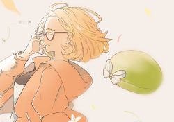 Rule 34 | 1girl, absurdres, adjusting eyewear, bad id, bad pixiv id, bianca (pokemon), blonde hair, breasts, canari, closed eyes, commentary request, creatures (company), from side, game freak, glasses, green hat, grey background, hat, highres, jacket, nintendo, open mouth, pokemon, pokemon bw2, short hair, simple background, solo, unworn hat, unworn headwear
