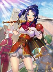 Rule 34 | 1boy, 2girls, armor, blue eyes, blue hair, day, faceless, faceless male, fire emblem, fire emblem: mystery of the emblem, fire emblem cipher, kris (fire emblem), long hair, looking at viewer, multiple girls, nintendo, official art, open mouth, outdoors, parted bangs, ponytail, shorts, shoulder armor, smile, standing, sword, udakyo, weapon