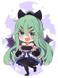 Rule 34 | 1girl, :d, adapted costume, bare shoulders, black ribbon, black skirt, black thighhighs, blue eyes, blush, demon wings, fang, green hair, hair between eyes, hair ribbon, highres, kantai collection, long hair, open mouth, pleated skirt, ribbon, skin fang, skirt, smile, solo, suzuki toto, thighhighs, v-shaped eyebrows, wings, yamakaze (kancolle)