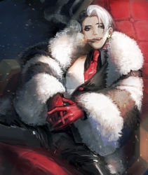 Rule 34 | 1boy, absurdres, black hair, cheese m gyoza, cigar, divus crewel, fur scarf, fur trim, gloves, highres, huge filesize, leather, leather pants, long sleeves, male focus, mouth hold, multicolored hair, necktie, pants, red gloves, sitting, smoking, solo, spread legs, twisted wonderland, two-tone hair, vest, white hair