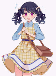 Rule 34 | 1girl, absurdres, bag, bare legs, beige ribbon, belt, black hair, blue shirt, bracelet, brown dress, collared shirt, commentary request, cowboy shot, dress, fangs, flying sweatdrops, fukumaru koito, grey background, hair ribbon, hands up, highres, idolmaster, idolmaster shiny colors, jewelry, long hair, long sleeves, looking at viewer, open mouth, plaid, plaid dress, purple eyes, ribbon, shirt, shirt under dress, shoulder bag, simple background, skin fangs, sleeveless, sleeveless dress, smile, solo, twintails, uhouhogorigori, wind, wind lift