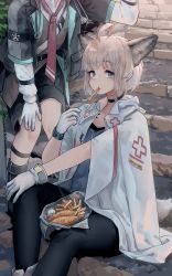 Rule 34 | 1boy, 1girl, absurdres, ahoge, animal ears, ansel (arknights), arknights, black choker, black footwear, black pantyhose, black shorts, black wristband, blue eyes, blue shirt, brown hair, brown vest, choker, coat, eating, extra ears, feet out of frame, fish (food), fish and chips, food, fox ears, fox girl, fox tail, french fries, gloves, hand up, head out of frame, highres, infection monitor (arknights), long sleeves, looking at viewer, material growth, mouth hold, necktie, open clothes, open coat, oripathy lesion (arknights), outdoors, pantyhose, red necktie, shirt, short hair, shorts, sitting, solo focus, stairs, sussurro (arknights), tail, vest, welt (kinsei koutenkyoku), white coat, white gloves, white shirt