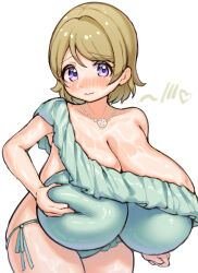 Rule 34 | 1girl, absurdres, blush, breasts, brown hair, cleavage, collar, dot nose, female focus, gigantic breasts, grabbing own breast, highres, huge breasts, impossible clothes, koizumi hanayo, leaning forward, love live!, love live! school idol project, lowleg, mimiru6969, oppai loli, purple eyes, short hair, skindentation, solo, thick thighs, thighs, wet, white background, wide sleeves