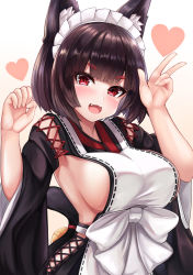 Rule 34 | 1girl, :d, absurdres, animal ear fluff, animal ears, apron, azur lane, beige background, bell, black hair, blunt bangs, blush, breasts, cat ears, cat tail, fang, gradient background, heart, highres, japanese clothes, large breasts, looking at viewer, maid headdress, open mouth, red eyes, ryara, short hair, sideboob, smile, solo, tail, tail bell, tail ornament, v, white apron, white background, wide sleeves, yamashiro (azur lane), yamashiro (sales clerk offensive?!) (azur lane)