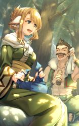 Rule 34 | 1boy, 1girl, ainu clothes, animal ears, aquaplus, arm up, artist request, blonde hair, blue eyes, branch, breasts, brown hair, closed eyes, collarbone, crossed legs, dappled sunlight, dress, eyelashes, facial hair, family, feet, full body, hair up, highres, husband and wife, long sleeves, medium breasts, medium hair, muscular, muscular male, mustache, nose, official art, open clothes, open mouth, outdoors, pointy ears, scarf, short hair, sitting, sopoku, spiked hair, sunlight, swept bangs, teeth, teoro, tongue, towel, towel on head, tree, utawarerumono, utawarerumono: lost flag, wavy hair, wide sleeves