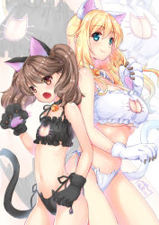 Rule 34 | 10s, 2girls, animal ears, animal hands, artist name, atago (kancolle), bell, blonde hair, blue eyes, bra, breasts, brown eyes, brown hair, cat cutout, cat ear panties, cat ears, cat lingerie, cat tail, cleavage, cleavage cutout, clothing cutout, collar, fake animal ears, fake tail, fang, flat chest, gloves, height difference, highleg, highleg panties, jingle bell, kantai collection, large breasts, lingerie, meme attire, multiple girls, navel, open mouth, panties, paw gloves, ribs, ryuujou (kancolle), shibi, side-by-side, side-tie panties, signature, smile, tail, twintails, underboob, underwear, zoom layer