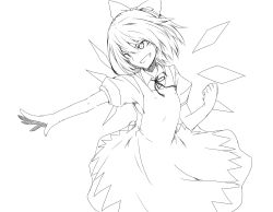 Rule 34 | 1girl, bow, cirno, collared shirt, dress, greyscale, grin, hair bow, highres, lineart, monochrome, pinafore dress, satsumi, shirt, short hair, sleeveless dress, smile, solo, touhou, wings