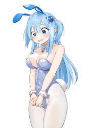 Rule 34 | 1girl, alternate costume, animal ears, bare shoulders, blue hair, blue leotard, blush, breasts, cleavage, collarbone, embarrassed, fake animal ears, fake tail, goddess of victory: nikke, highleg, highleg leotard, highres, large breasts, leotard, light blue hair, long hair, oung69, pantyhose, playboy bunny, rabbit ears, rabbit tail, shifty (nikke), side ponytail, simple background, solo, strapless, strapless leotard, tail, thigh gap, white background, white pantyhose