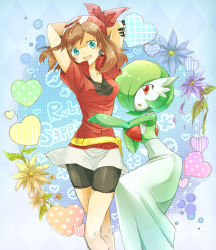 Rule 34 | 00s, 2girls, bandana, bike shorts, blue eyes, breasts, brown hair, character name, copyright name, creatures (company), floral background, flower, game freak, gardevoir, gen 3 pokemon, heart, heart background, may (pokemon), multiple girls, nago celica, nagocelica, nintendo, pokemon, pokemon (creature), pokemon rse, pouch, small breasts