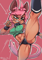 Rule 34 | 1girl, absurdres, animal ears, breasts, cat ears, cat girl, cat tail, colored skin, dark-skinned female, dark skin, fingernails, furry, furry female, green eyes, gym uniform, highres, kevin ku, kicking, large breasts, looking to the side, low twintails, navel, nikki (kevin ku), original, serious, shiny skin, short hair, simple background, solo, standing, standing on one leg, surprised, sweat, sweatdrop, tail, twintails, upper body, white skin, wide hips, wings