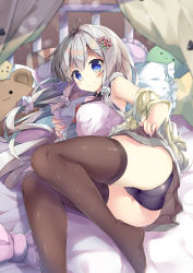 Rule 34 | 1girl, absurdres, ahoge, armpits, ass, bad id, bad pixiv id, bare shoulders, bed, black panties, black sailor collar, blue eyes, blurry, blush, breasts, brown thighhighs, buttons, cardigan, closed mouth, clothes lift, commentary request, crotch seam, curtains, depth of field, flower, grey skirt, hair flower, hair ornament, highres, indoors, lifting own clothes, light particles, long hair, looking at viewer, lying, medium breasts, miniskirt, mitsuhamochi, moe2019, nail polish, no shoes, off shoulder, on bed, on side, open cardigan, open clothes, original, panties, pillow, pink nails, pleated skirt, red neckwear, sailor collar, school uniform, shirt, silver hair, skirt, skirt lift, sleeveless, sleeveless shirt, smile, solo, stuffed animal, stuffed toy, teddy bear, thighhighs, underwear, white shirt