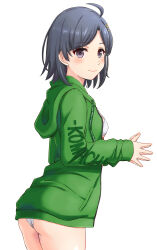 Rule 34 | 1girl, absurdres, ahoge, ass, bikini, black eyes, black hair, blush, breasts, closed mouth, commentary request, from side, green hoodie, highres, hikigaya komachi, hood, hoodie, inanaki shiki, long sleeves, no pants, own hands together, short hair, simple background, small breasts, smile, solo, swimsuit, white background, white bikini, yahari ore no seishun lovecome wa machigatteiru.