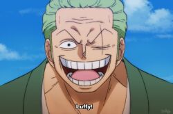 Rule 34 | 1boy, :d, aged up, alternate hairstyle, close-up, dagsop, derivative work, green hair, hair slicked back, looking at viewer, male focus, one piece, open mouth, roronoa zoro, scar, scar across eye, screenshot redraw, short hair, smile, solo, subtitled, wrinkled skin