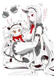 Rule 34 | 10s, 2girls, abyssal ship, adapted costume, alternate costume, claws, colored skin, detached sleeves, enmaided, horns, kantai collection, kojima saya, long hair, maid, mittens, multiple girls, northern ocean princess, orange eyes, over-kneehighs, panties, pantyshot, red eyes, seaport princess, seiza, single horn, sitting, smile, thighhighs, translation request, underwear, very long hair, white background, white hair, white legwear, white panties, white skin