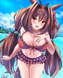 Rule 34 | 1girl, animal ears, bikini, blush, bow, breasts, brown hair, cleavage, collarbone, daiwa scarlet (trifle vacation) (umamusume), daiwa scarlet (umamusume), hair bow, hair intakes, hair ornament, hand on own chest, highres, horse ears, horse girl, horse tail, large breasts, liukensama, long hair, looking at viewer, outdoors, parted lips, red bikini, red bow, red eyes, solo, swimsuit, tail, thighs, twintails, umamusume, water
