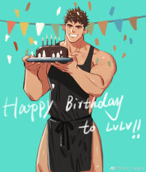 Rule 34 | 1boy, apron, aqua background, bara, birthday cake, black apron, bright pupils, brown eyes, brown hair, bulge, bunting, cake, candle, chinese commentary, chocolate cake, commentary request, feet out of frame, fingernails, food, gift art, grin, happy birthday, highres, holding, holding cake, holding food, large pectorals, looking at viewer, male focus, mature male, muscular, muscular male, naked apron, open mouth, original, pectorals, plate, short hair, sideburns, sidepec, simple background, smile, solo, standing, thick eyebrows, weibo logo, weibo watermark, white pupils, youchi123