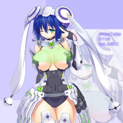 Rule 34 | 1girl, armor, asamura hiori, bare shoulders, blue background, blue hair, breasts, copyright name, curvy, detached sleeves, fingernails, green eyes, hat, highres, large breasts, looking at viewer, md5 mismatch, navel, one eye closed, phantasy star, phantasy star online 2, science fiction, short hair, skirt, smile, solo, standing, text focus, thigh gap, thousand rim, wink, zoom layer