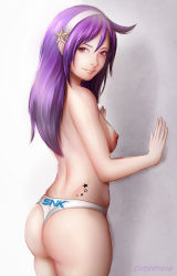 Rule 34 | 1girl, against wall, artist name, asamiya athena, ass, breasts, cherry-gig, hairband, lips, logo, long hair, looking at viewer, looking back, nipples, panties, print panties, purple eyes, purple hair, signature, skindentation, smile, solo, tattoo, the king of fighters, thighs, thong, topless, underwear, white panties