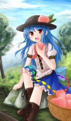 Rule 34 | 1girl, basket, blouse, blue hair, blue sky, boots, bow, bush, cloud, cross-laced footwear, day, female focus, food, fruit, grass, hat, highres, hinanawi tenshi, knee up, leaf, long hair, looking at viewer, moss, open mouth, outdoors, peach, red eyes, rock, shirt, sitting, sitting on rock, skirt, sky, solo, touhou, tree, yuyumi (yuurei)