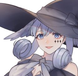 Rule 34 | :d, bare shoulders, black hat, cleavage cutout, clothing cutout, grey eyes, halloween costume, hat, head wings, highres, melia antiqua, mirin., open mouth, silver hat, simple background, smile, solo, upper body, white background, wings, witch, witch hat, xenoblade chronicles (series), xenoblade chronicles 1